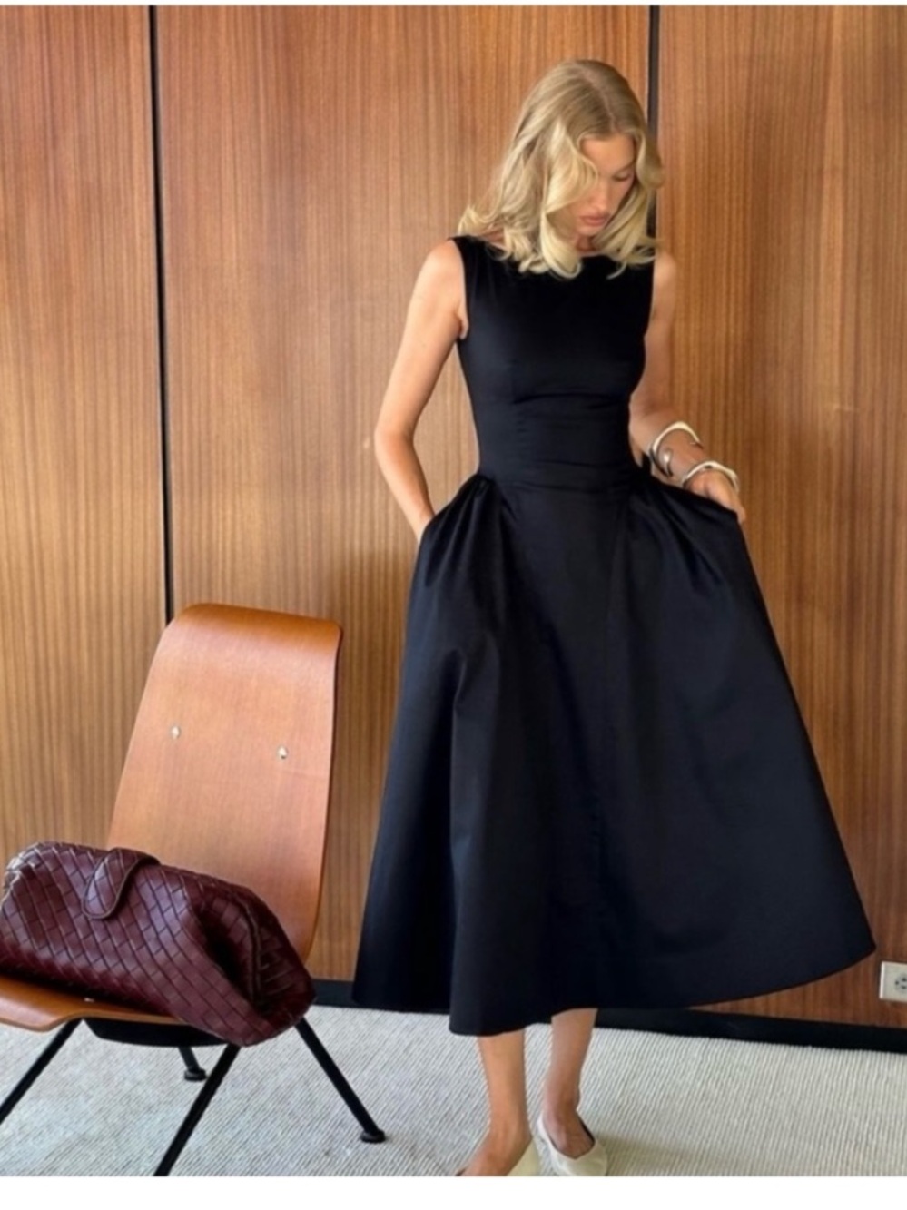 NEW Helsa Stretch Cotton Sateen Midi Dress in Black | size M